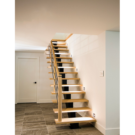 Floating wood stairs with balusters railing & central steel mono ...