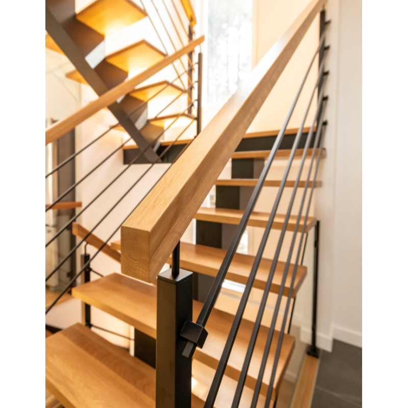 Floating multi-landing wood staircase with rod railings and central ...