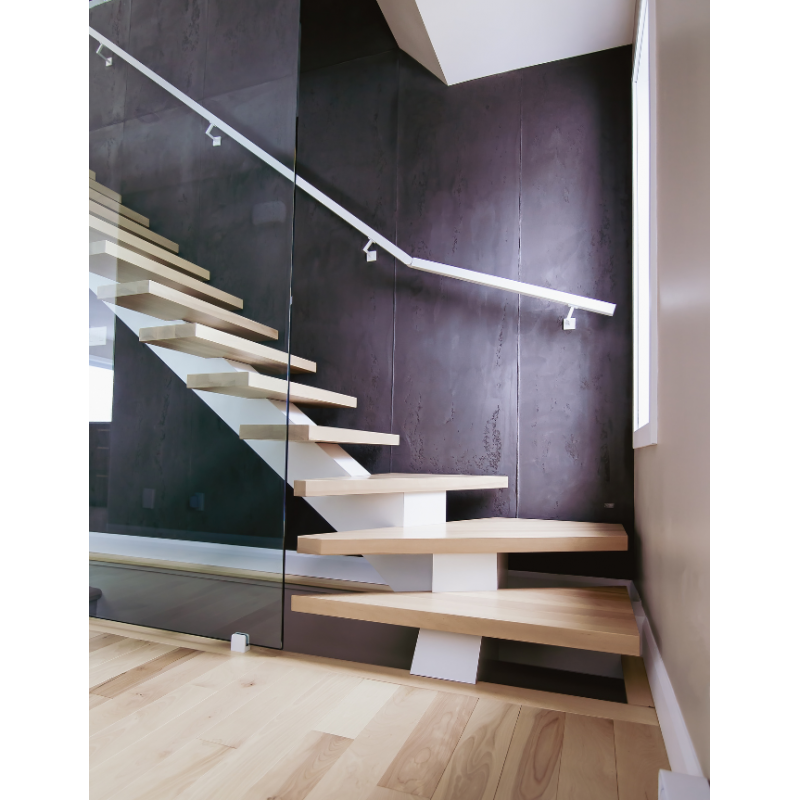   LNY SERIES  FLOATING MODERN STAIRCASE WITH WOOD TREADS, GLASS RAILINGS AND CENTRAL STEEL STRINGER  - New York - Prestige Metal