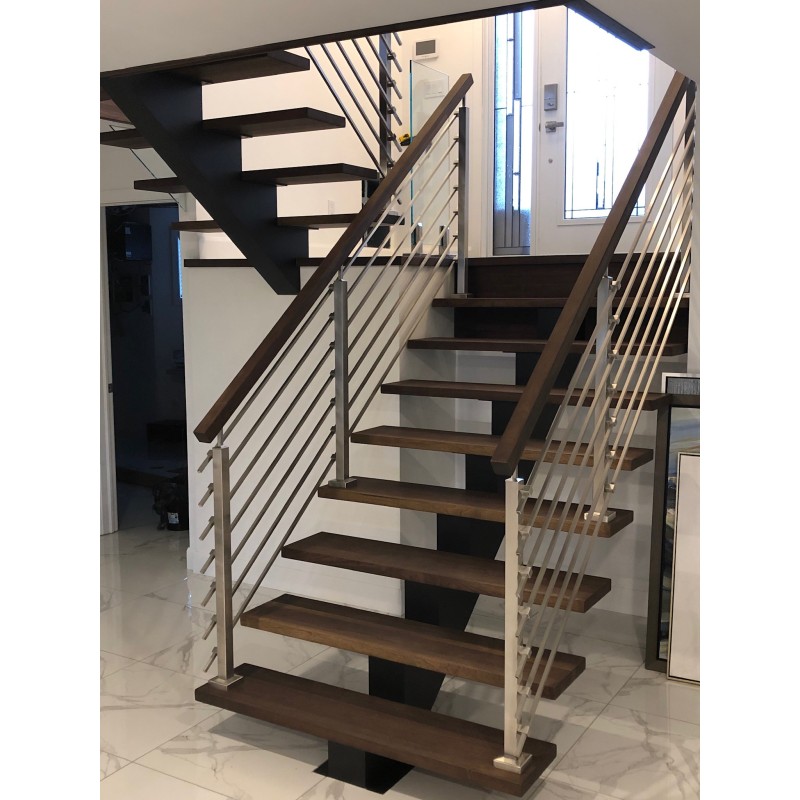 Interior Staircase With Wood Steps Stainless Steel Rod Railings And